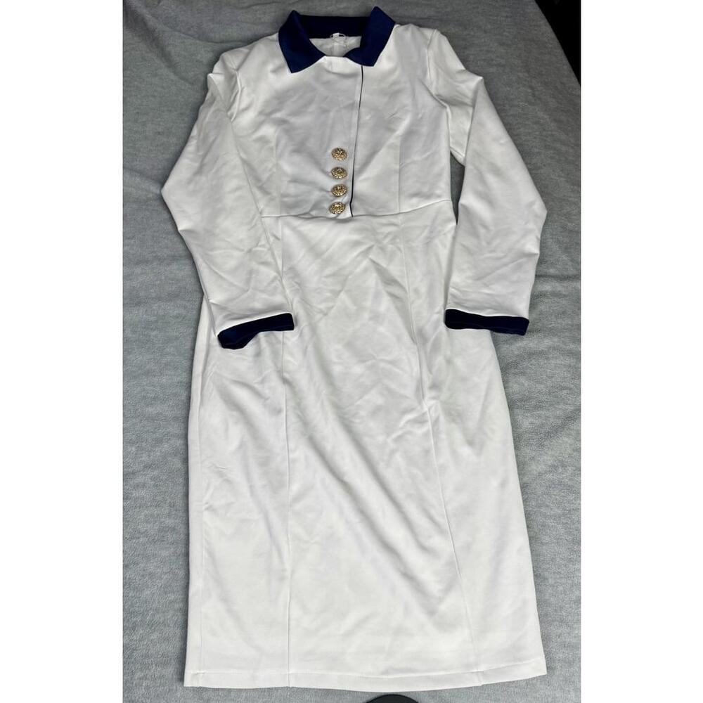 oyrosy white navy nautical collar gold button midi dress nwt‎ small